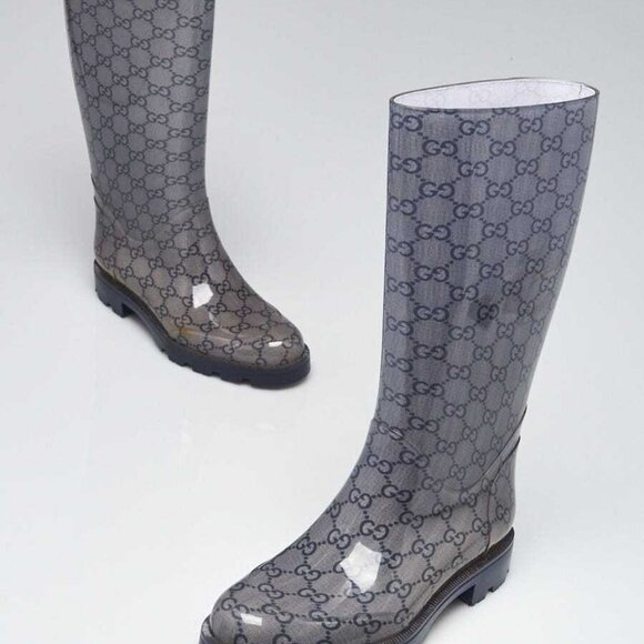 Gucci Grey GG Rubber Edimburg Rain Boots Size 4.5/35 - Picture 1 of 4